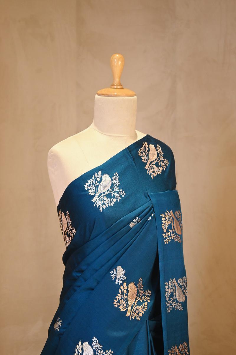 Blue Banarasi Satin Silk Saree with Sona-Rupa Bird Motifs