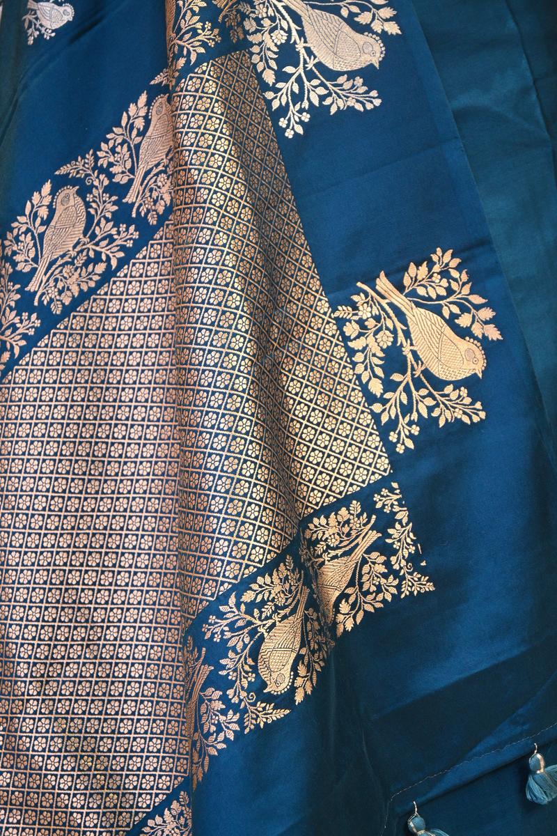 Blue Banarasi Satin Silk Saree with Sona-Rupa Bird Motifs