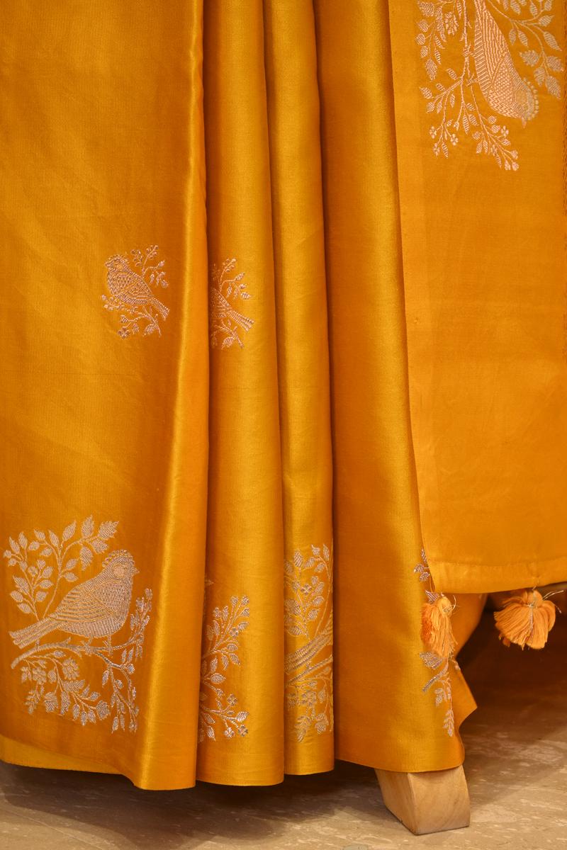 Yellow Banarasi Satin Silk Saree with Sona-Rupa Bird Motifs