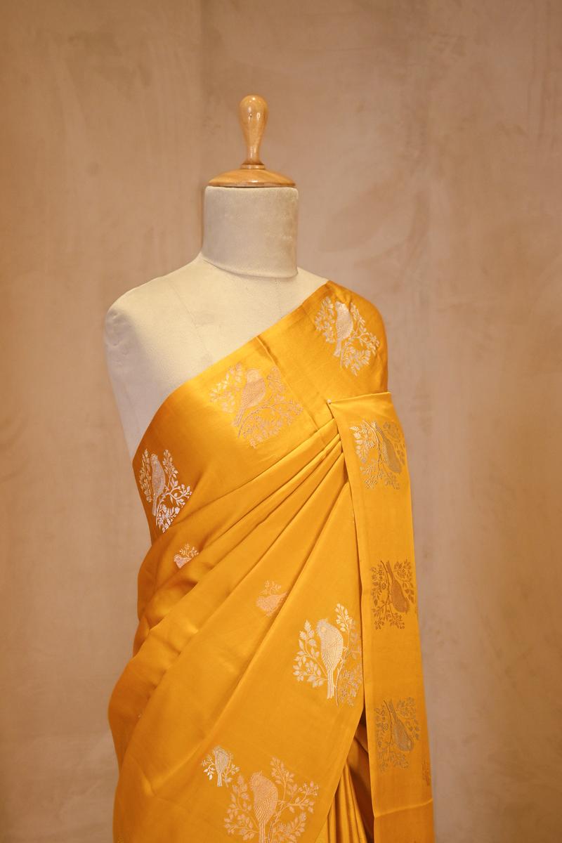 Yellow Banarasi Satin Silk Saree with Sona-Rupa Bird Motifs