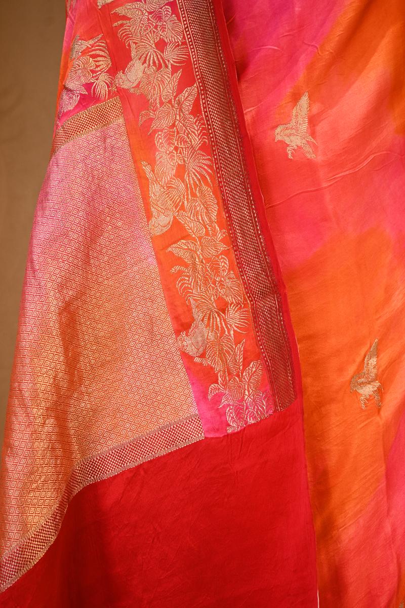Shaded Pink Handloom Banarasi Satin Silk Saree with Bird Motifs