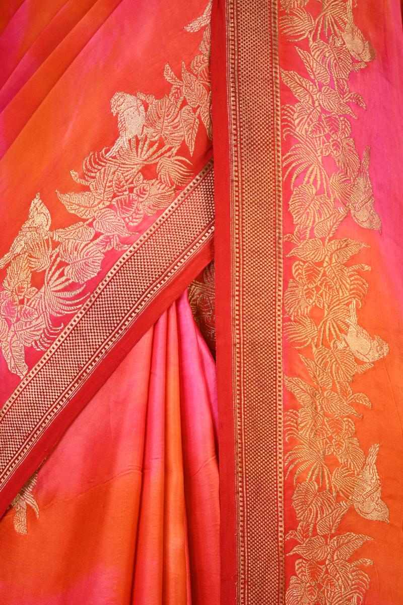 Shaded Pink Handloom Banarasi Satin Silk Saree with Bird Motifs