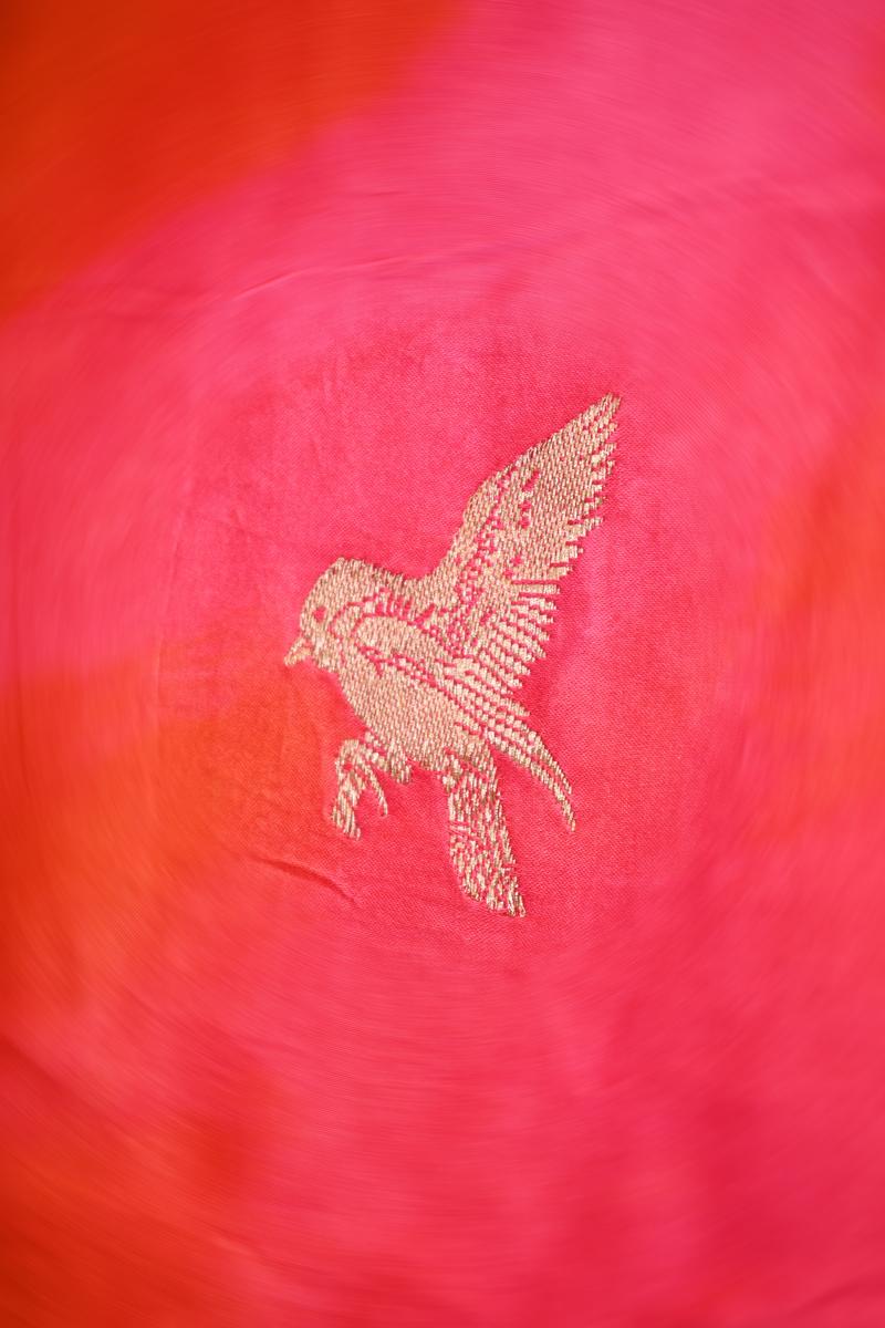 Shaded Pink Handloom Banarasi Satin Silk Saree with Bird Motifs