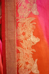 Shaded Pink Handloom Banarasi Satin Silk Saree with Bird Motifs