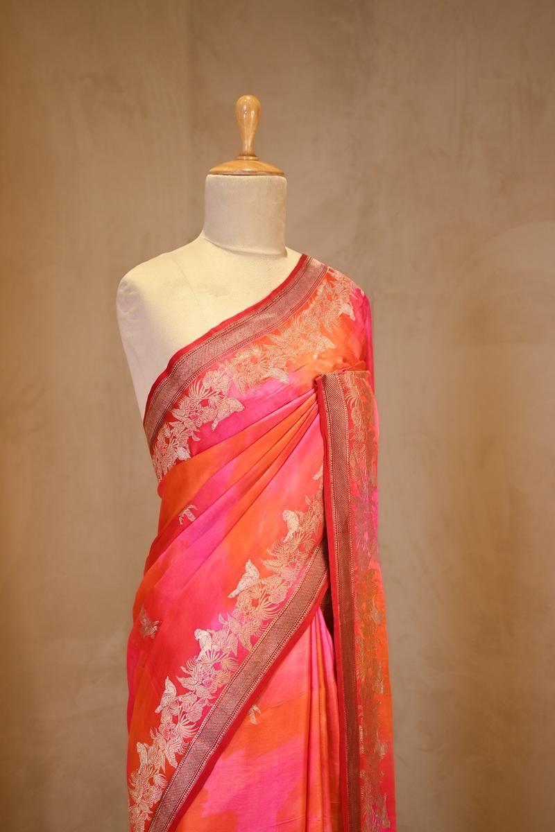 Shaded Pink Handloom Banarasi Satin Silk Saree with Bird Motifs