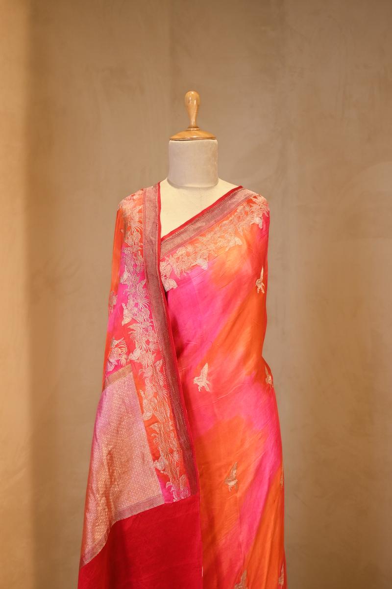 Shaded Pink Handloom Banarasi Satin Silk Saree with Bird Motifs