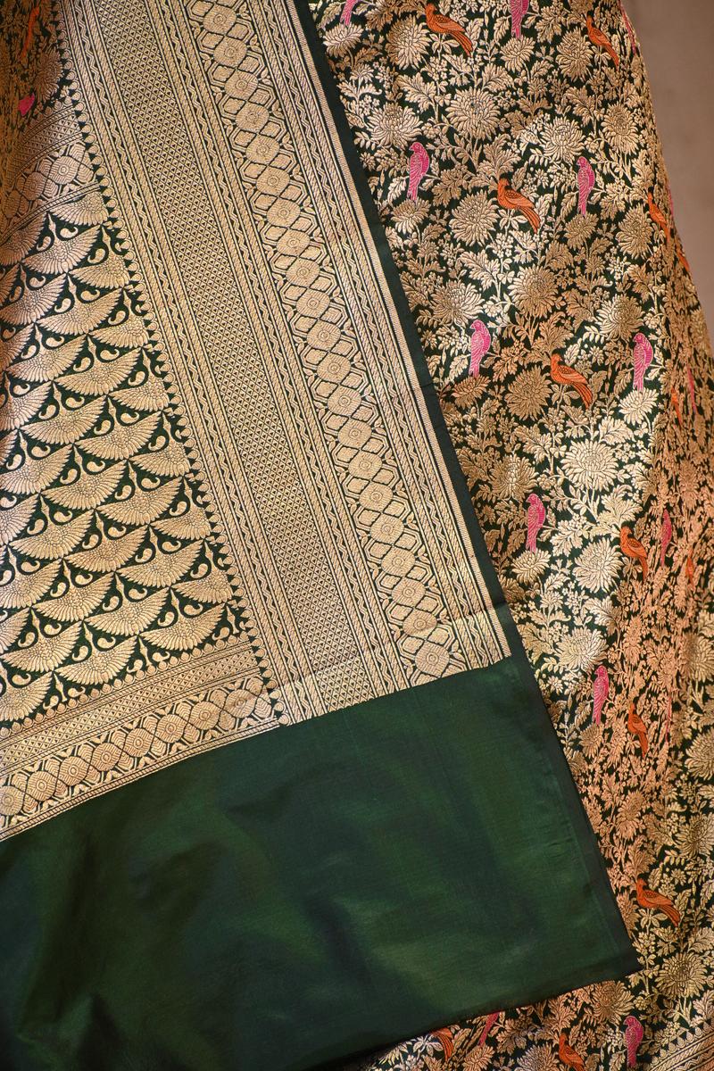 Bottle Green Banarasi Katan Silk Saree with Brocade Birds & Floral Work