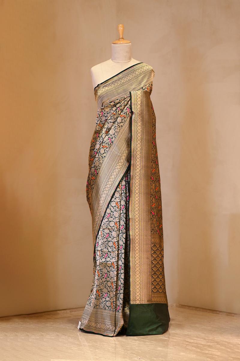 A Green Brocade Banarasi Silk Saree on Dummy
