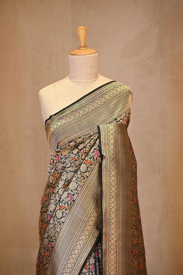 A Green Brocade Banarasi Silk Saree on Dummy