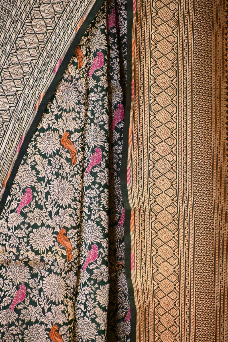Bottle Green Banarasi Katan Silk Saree with Brocade Birds & Floral Work