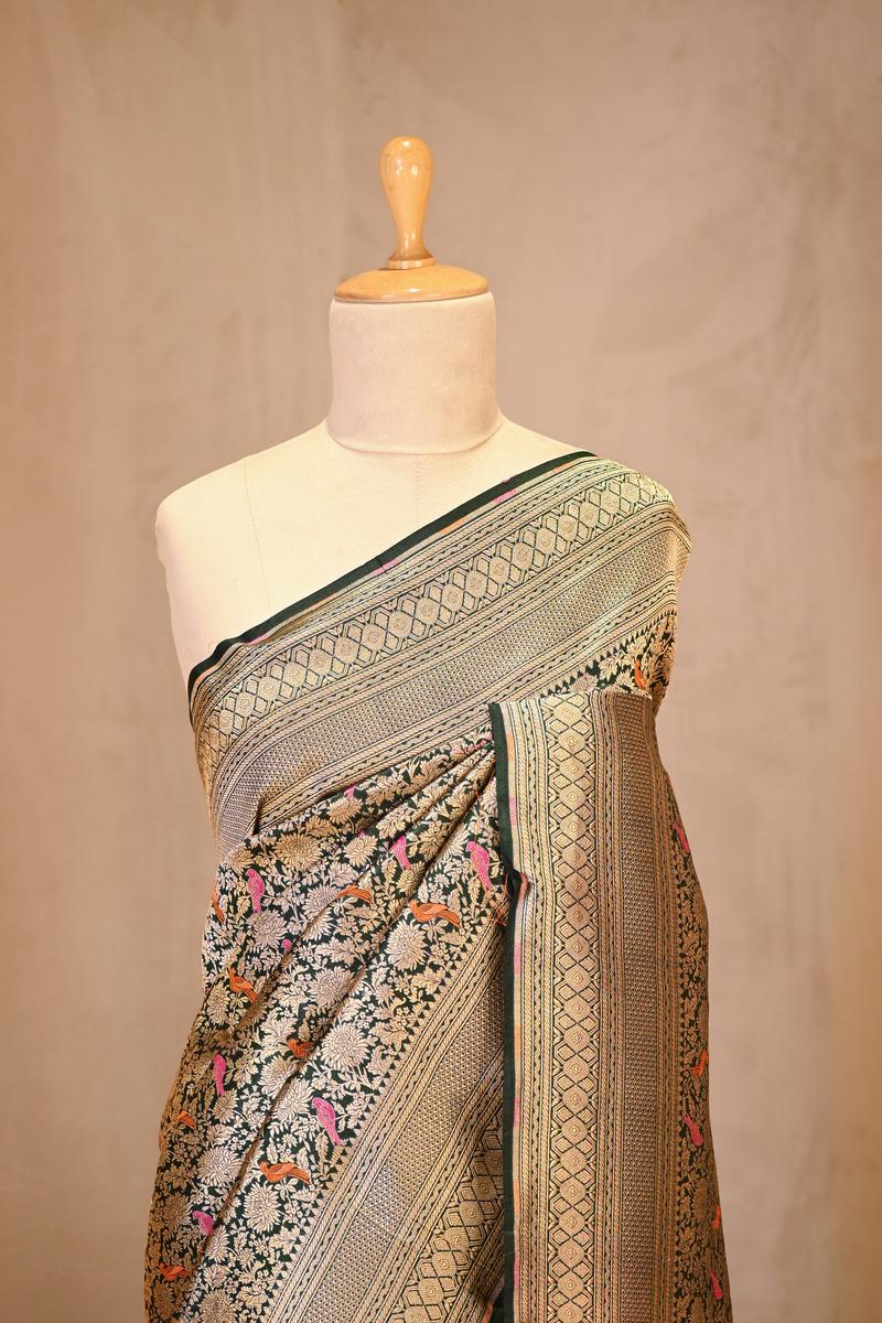 Bottle Green Banarasi Katan Silk Saree with Brocade Birds & Floral Work