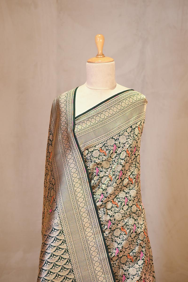 Bottle Green Banarasi Katan Silk Saree with Brocade Birds & Floral Work
