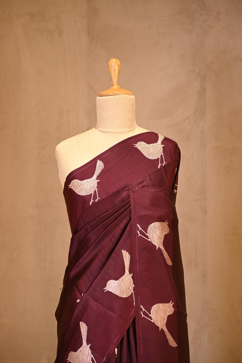 Marron Wine Banarasi Silk Saree on dummy