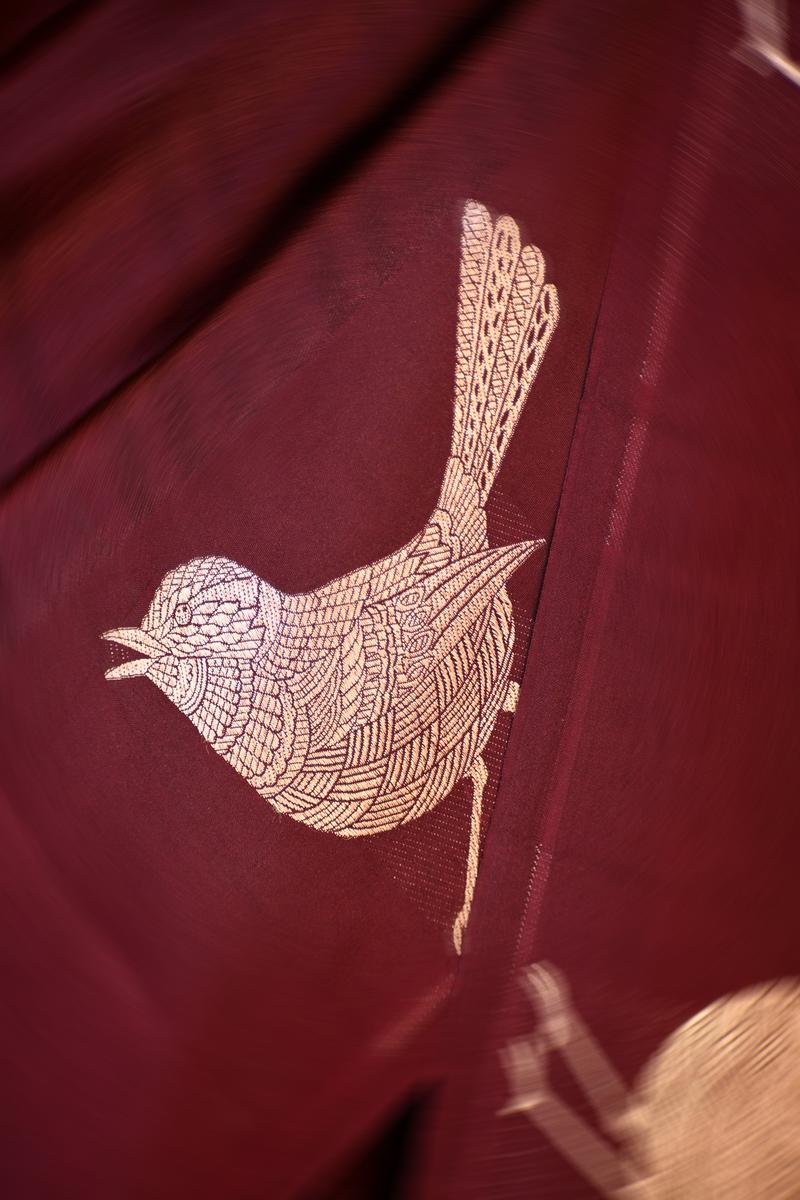 Wine Banarasi Silk Saree with Tanchoi  And Zari Bird Motifs