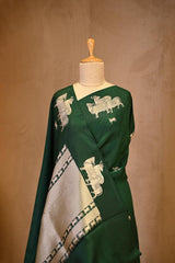 Bottle Green Banarasi Silk Saree with Tanchoi  And Zari Cow Motifs