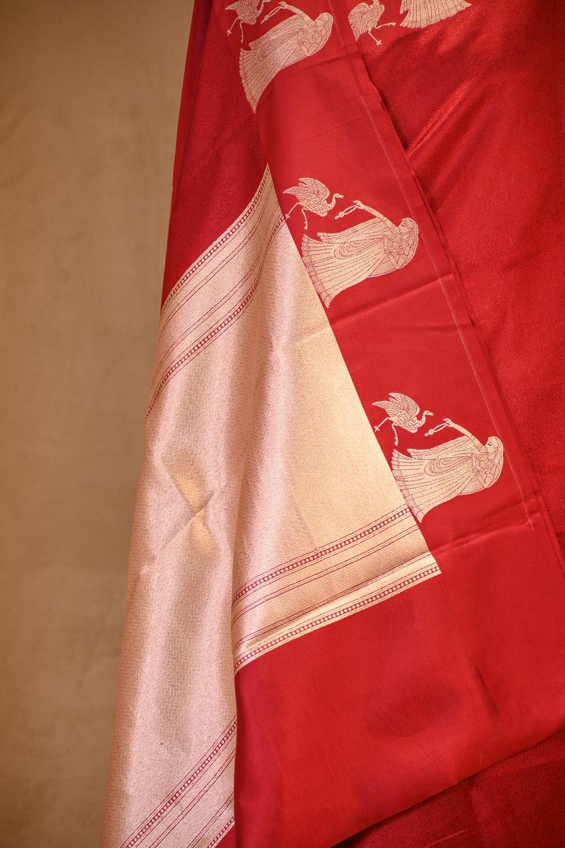 Red Banarasi Silk Saree with Tanchoi  And Woman-Swan Motifs