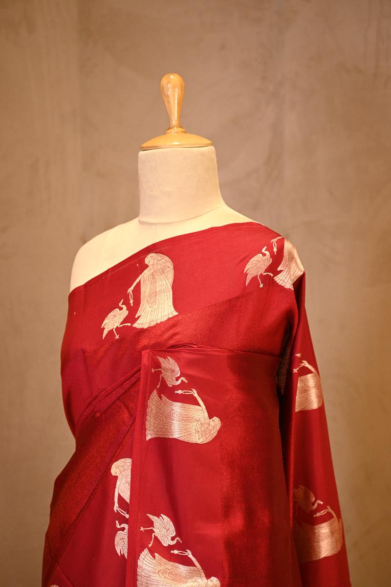 Red Banarasi Silk Saree with Tanchoi  And Woman-Swan Motifs