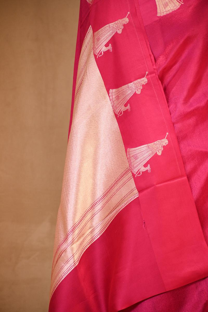 Pink Banarasi Silk Saree with Tanchoi  And Woman-Deer Motifs