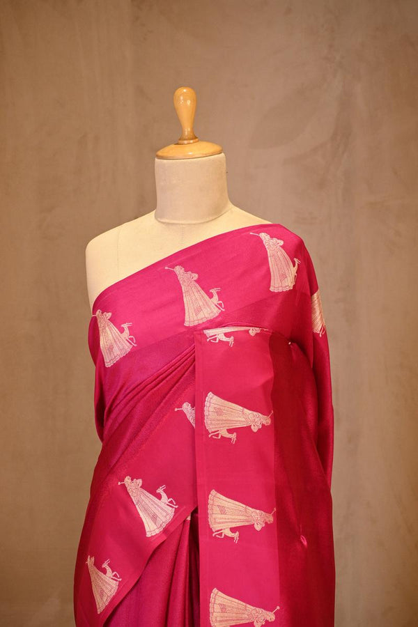 Pink Banarasi Silk Saree with Tanchoi  And Woman-Deer Motifs