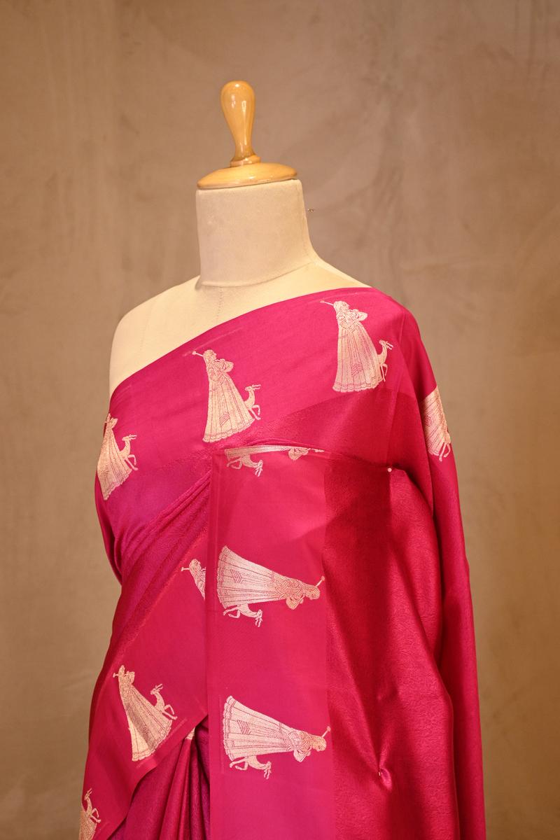 Pink Banarasi Silk Saree with Tanchoi  And Woman-Deer Motifs