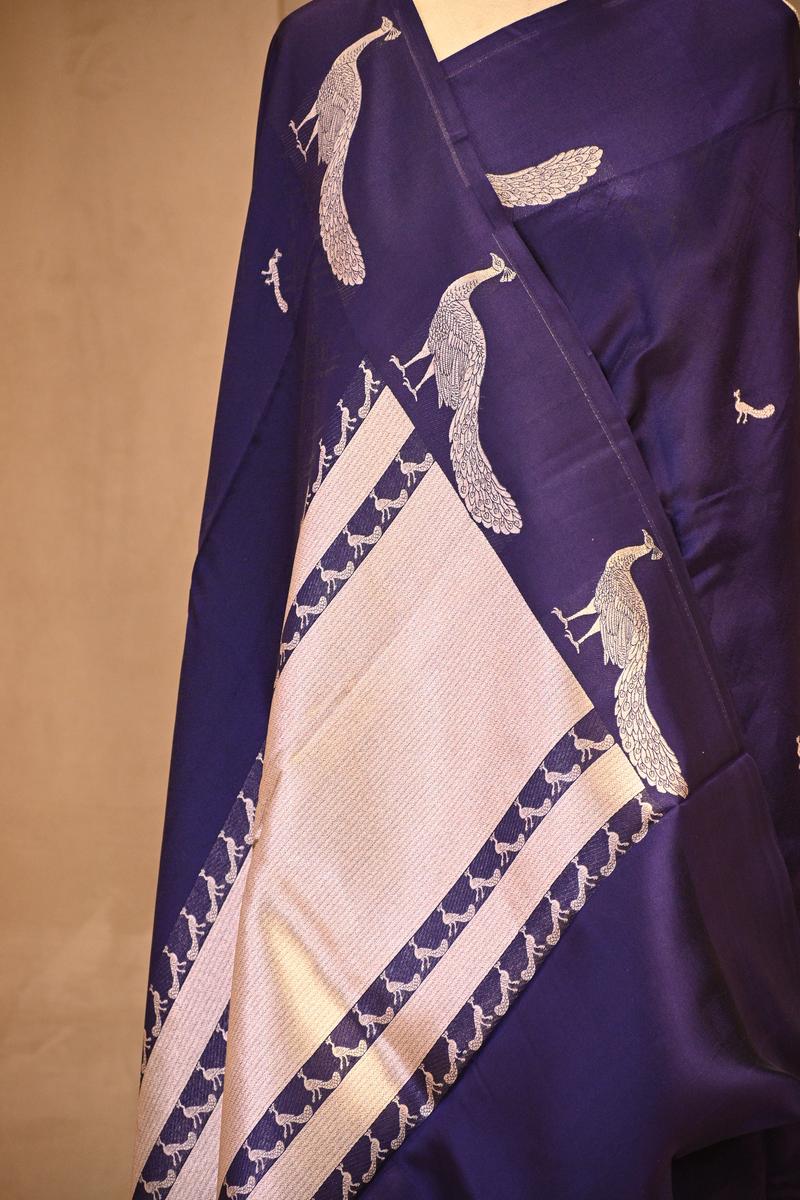 Blue Banarasi Silk Saree with Tanchoi  Zari Peacock Motifs