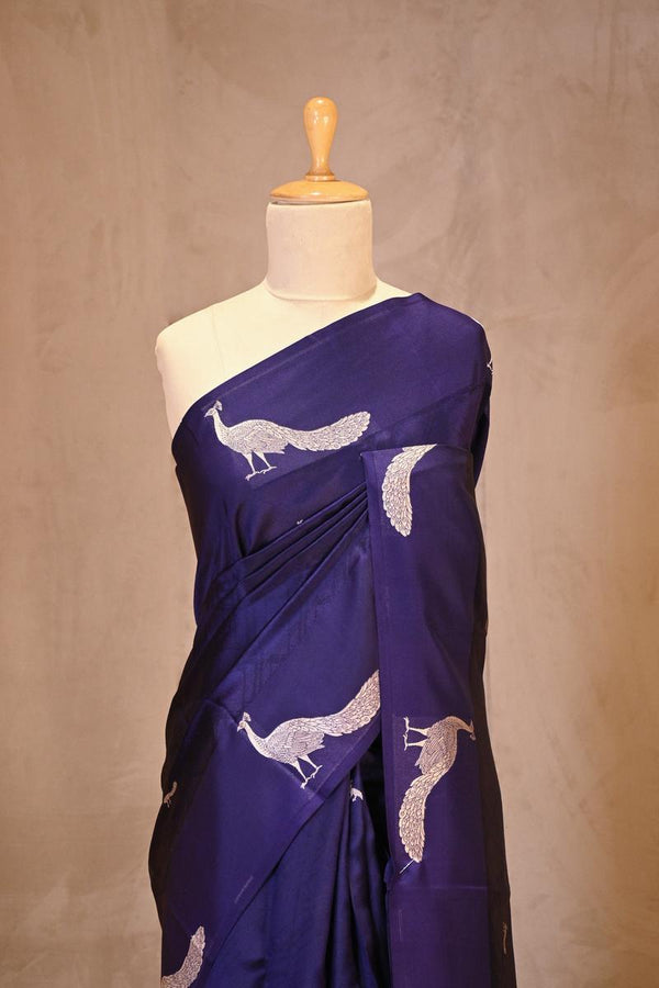 Blue Banarasi Silk Saree with Tanchoi  Zari Peacock Motifs