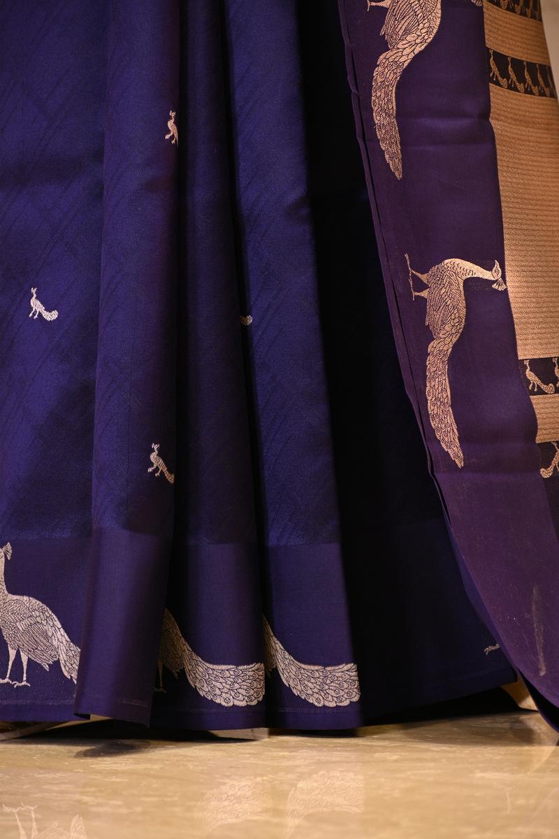 Blue Banarasi Silk Saree with Tanchoi  Zari Peacock Motifs