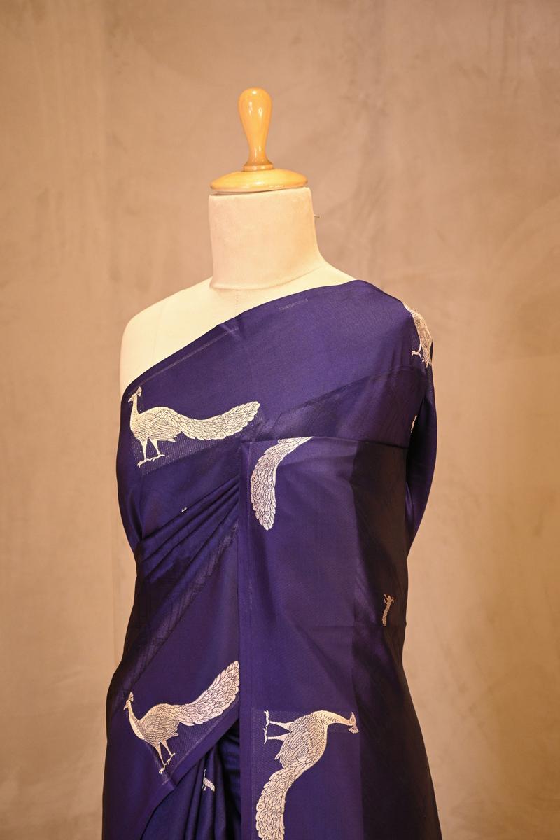 Blue Banarasi Silk Saree with Tanchoi  Zari Peacock Motifs