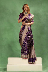 Banarasi Katan Saree in Purple with Watergold Zari Jaal Pattern