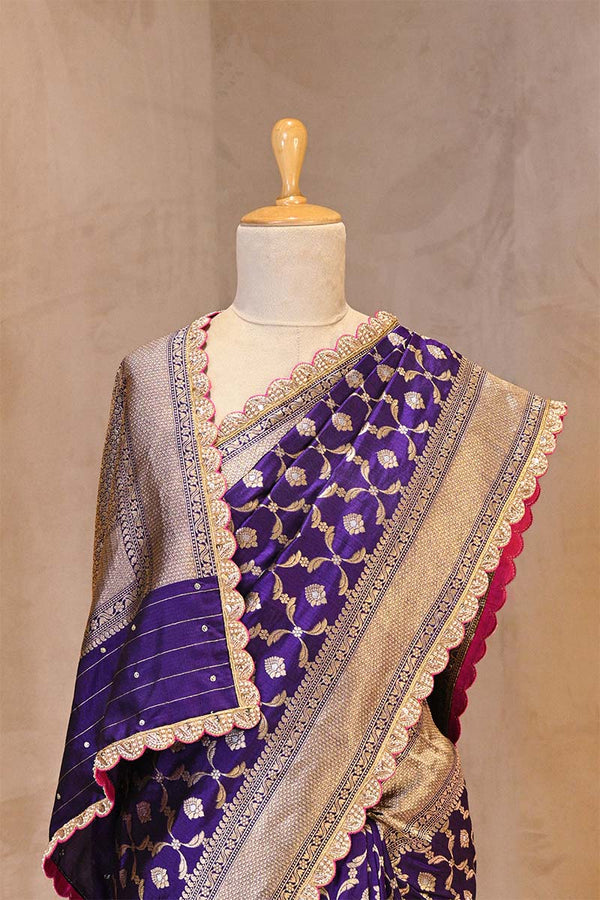 Banarasi Katan Saree in Purple with Watergold Zari Jaal Pattern