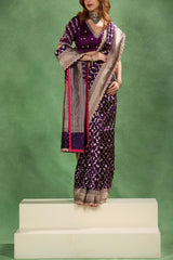 Banarasi Katan Saree in Purple with Watergold Zari Jaal Pattern