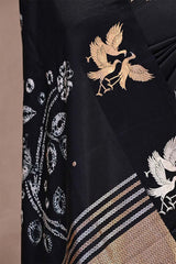 Banarasi Silk Black Saree with Pakshi Motif and Tie & Dye Bandhani Print