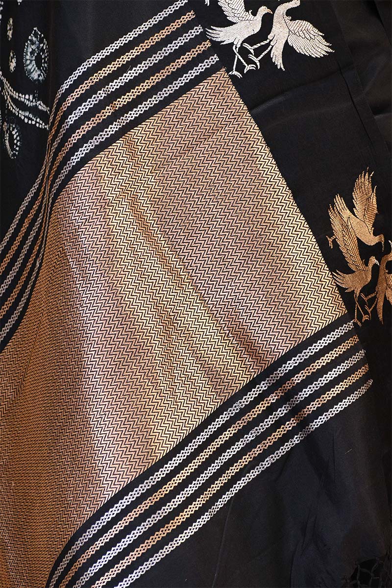 Banarasi Silk Black Saree with Pakshi Motif and Tie & Dye Bandhani Print