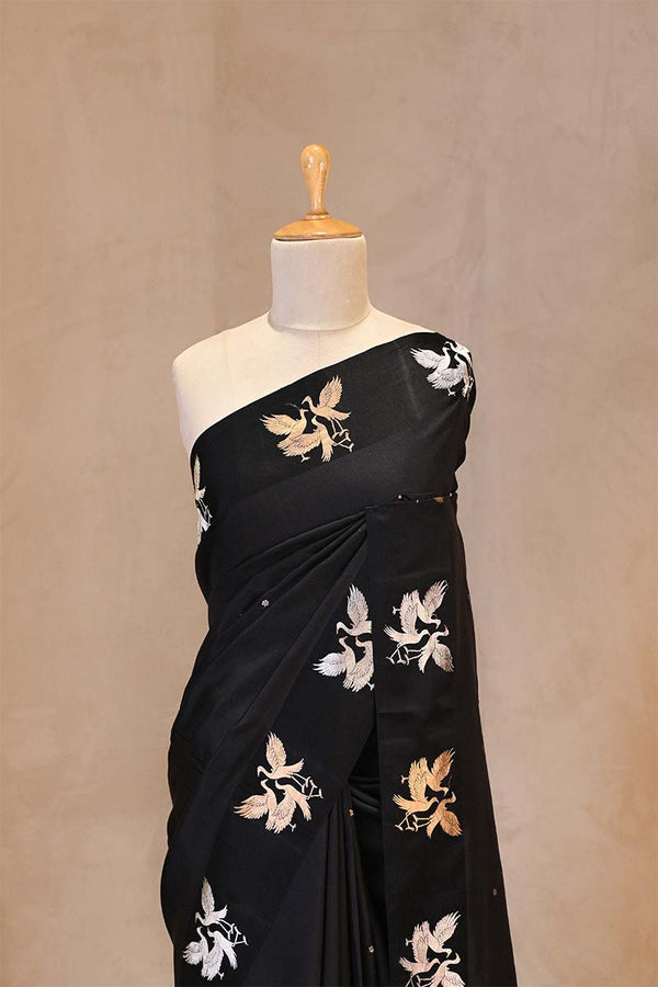 Banarasi Silk Black Saree with Pakshi Motif and Tie & Dye Bandhani Print