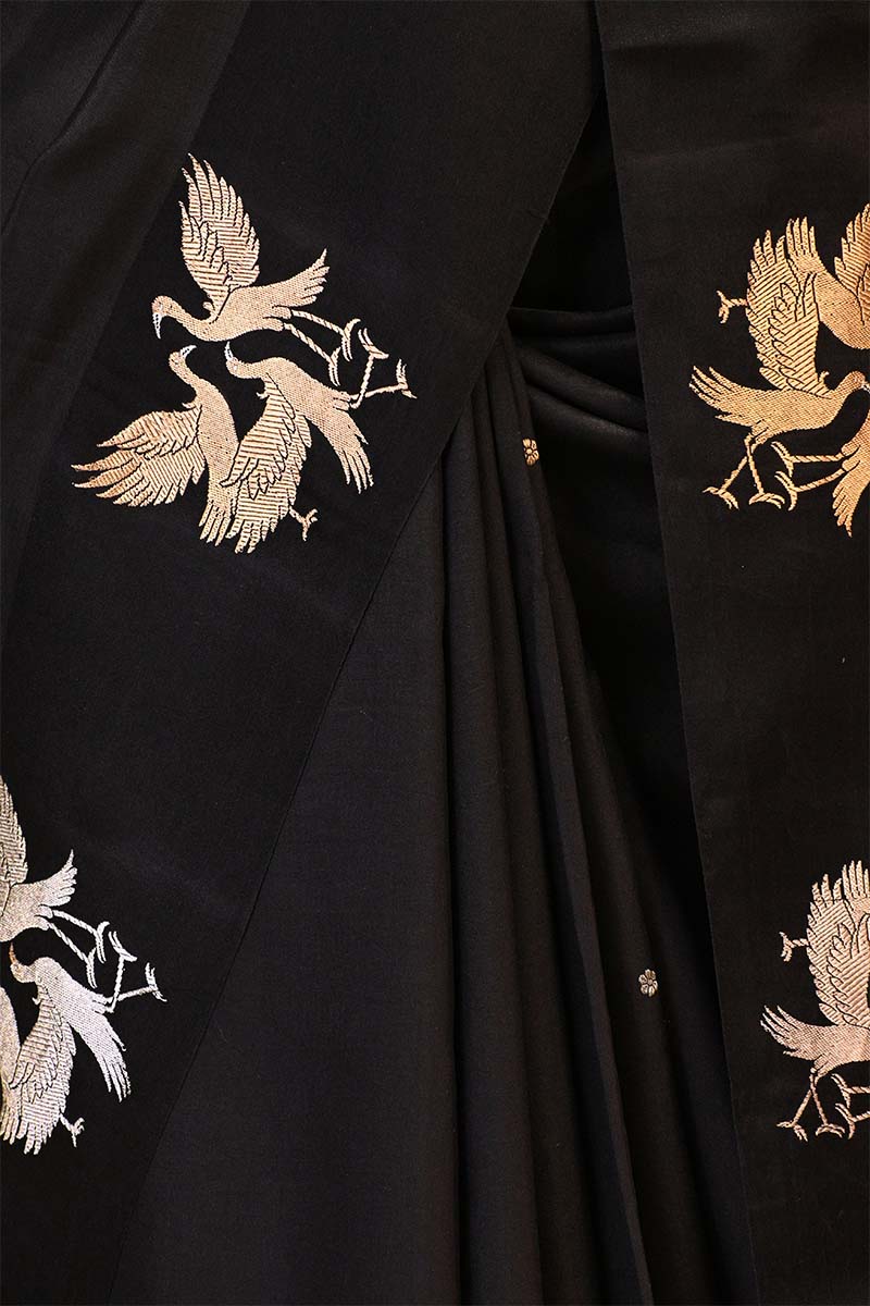 Banarasi Silk Black Saree with Pakshi Motif and Tie & Dye Bandhani Print