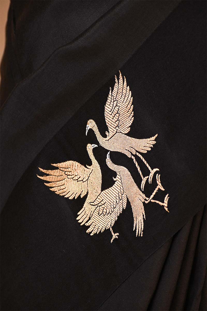 Banarasi Silk Black Saree with Pakshi Motif and Tie & Dye Bandhani Print