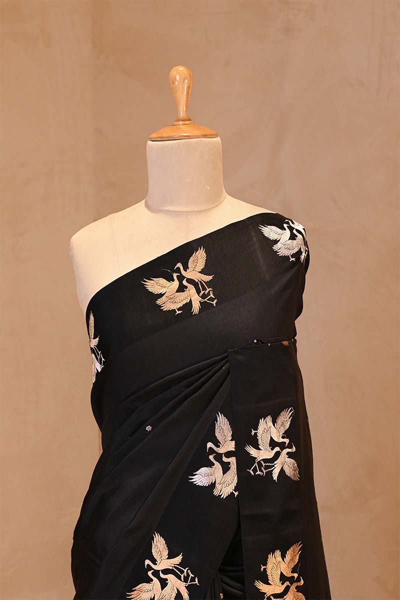 Banarasi Silk Black Saree with Pakshi Motif and Tie & Dye Bandhani Print