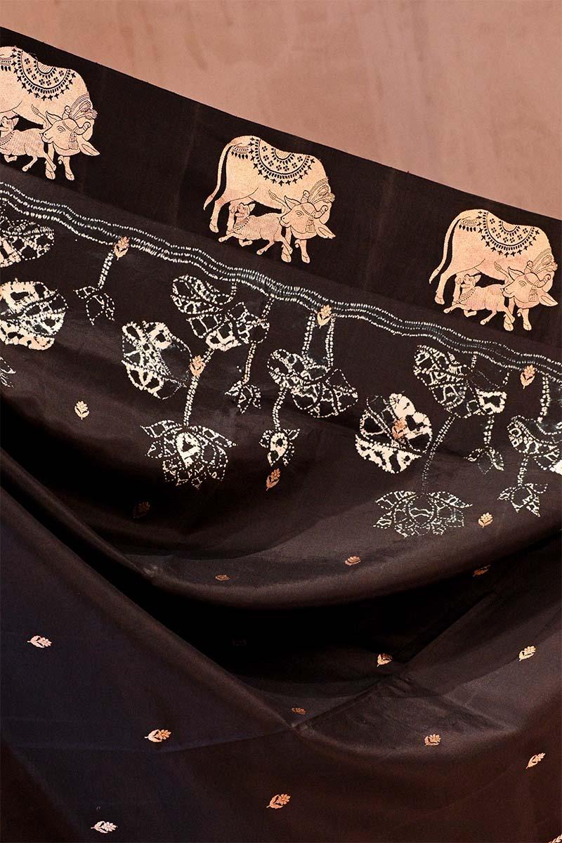 Black Banarasi Silk Saree with Kamdhenu Motif and Pichwai Tie & Dye Pichwai