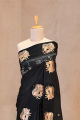 Black Banarasi Silk Saree with Kamdhenu Motif and Pichwai Tie & Dye Pichwai