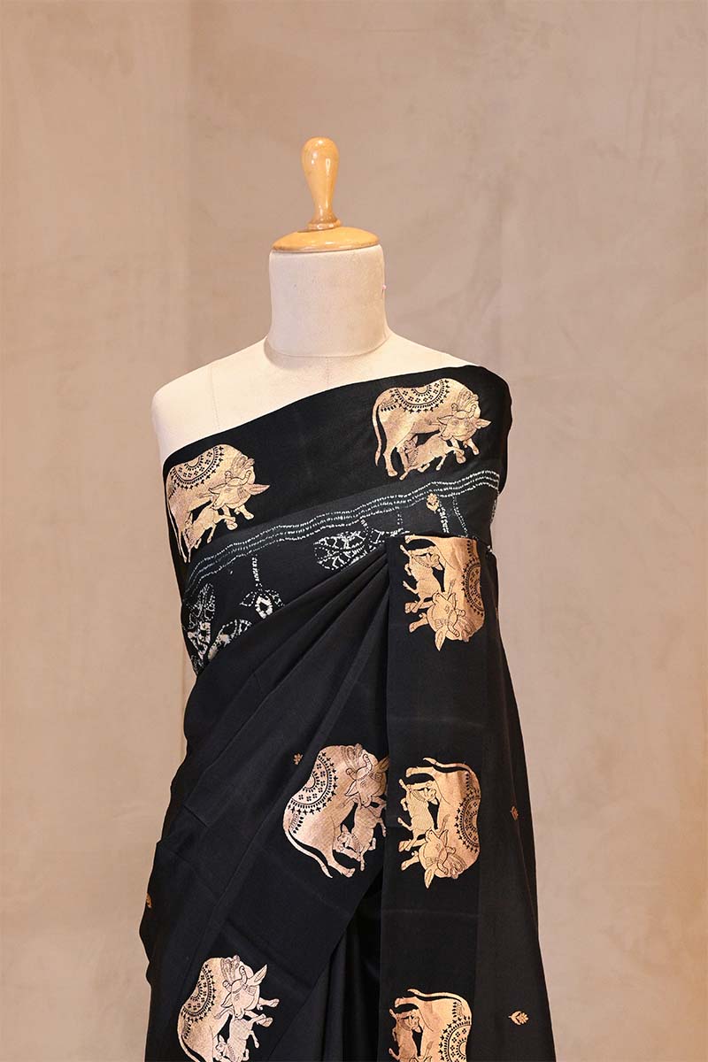 Black Banarasi Silk Saree with Kamdhenu Motif and Pichwai Tie & Dye Pichwai