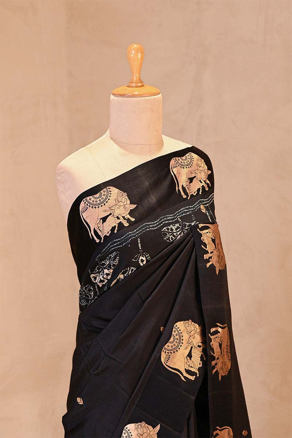 Black Banarasi Silk Saree with Kamdhenu Motif and Pichwai Tie & Dye Pichwai