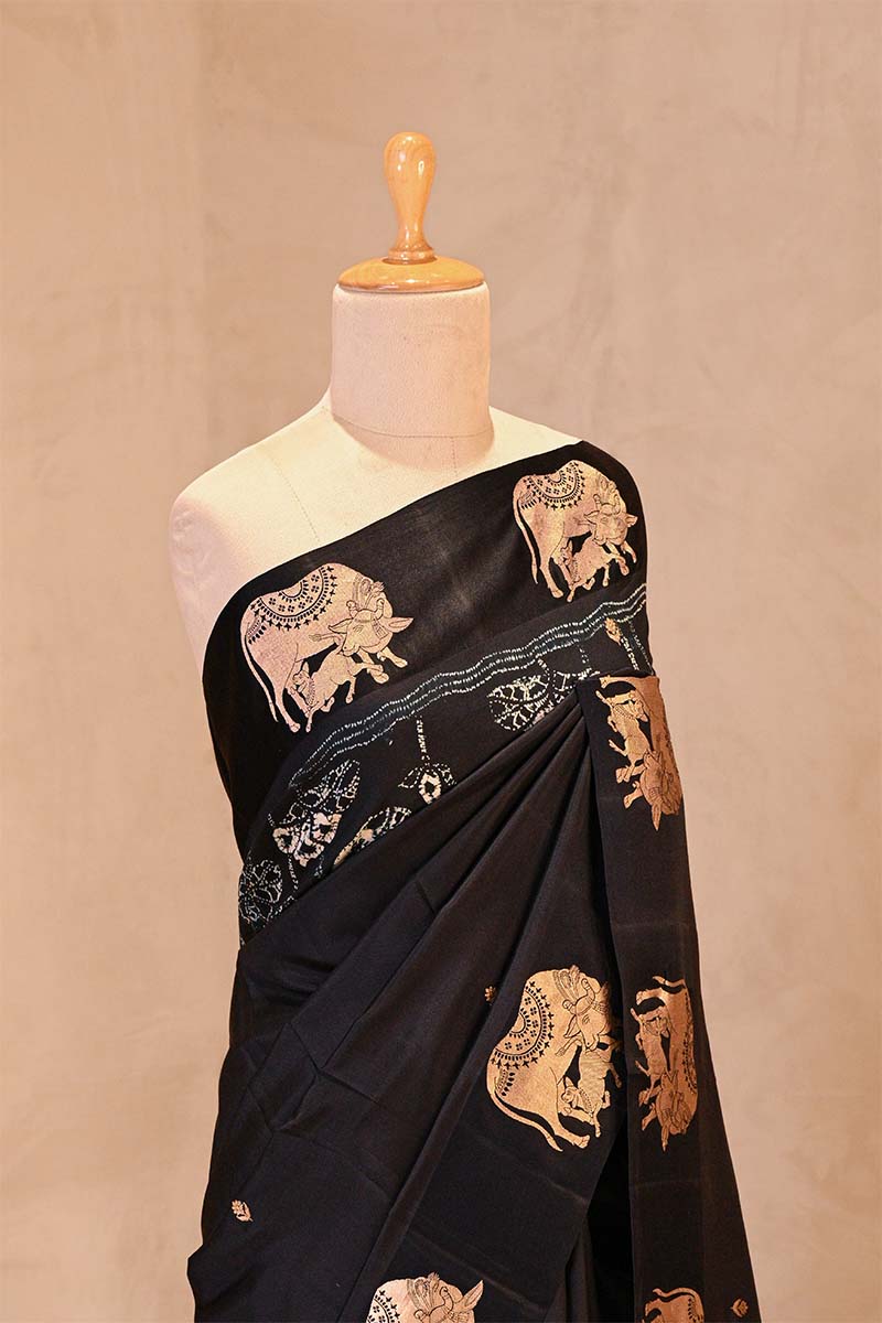 Black Banarasi Silk Saree with Kamdhenu Motif and Pichwai Tie & Dye Pichwai