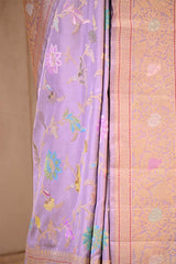 Pure Katan Banarasi Saree in Lilac with Real Zari and Resham Floral Jaal