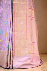 Pure Katan Banarasi Saree in Lilac with Real Zari and Resham Floral Jaal