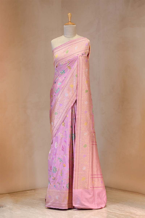 Pure Katan Banarasi Saree in Pink with Real Zari and Resham Floral Jaal