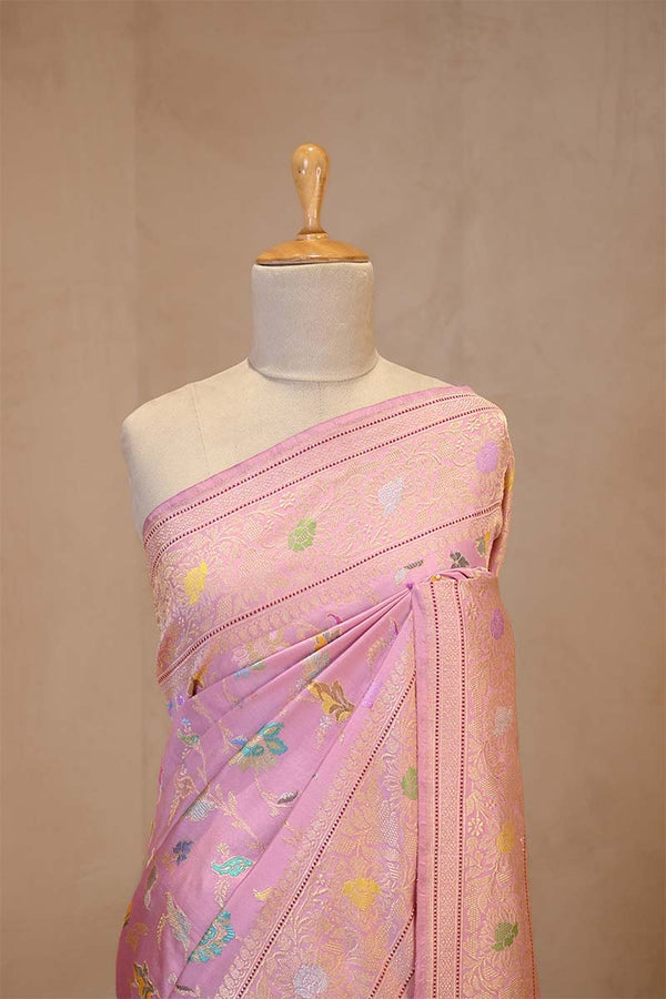 Pure Katan Banarasi Saree in Pink with Real Zari and Resham Floral Jaal
