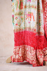 White and Red Ghadchola Bandhani Saree & Pichwai Border