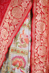White and Red Ghadchola Bandhani Saree & Pichwai Border