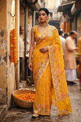 Sun Yellow Banarasi Georgette Khaddi Bandhani Saree with Paithani Asawali Border