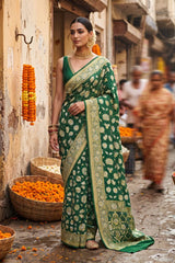 Bottle Green Georgette Khaddi Saree with Bandhani & Zari Butas
